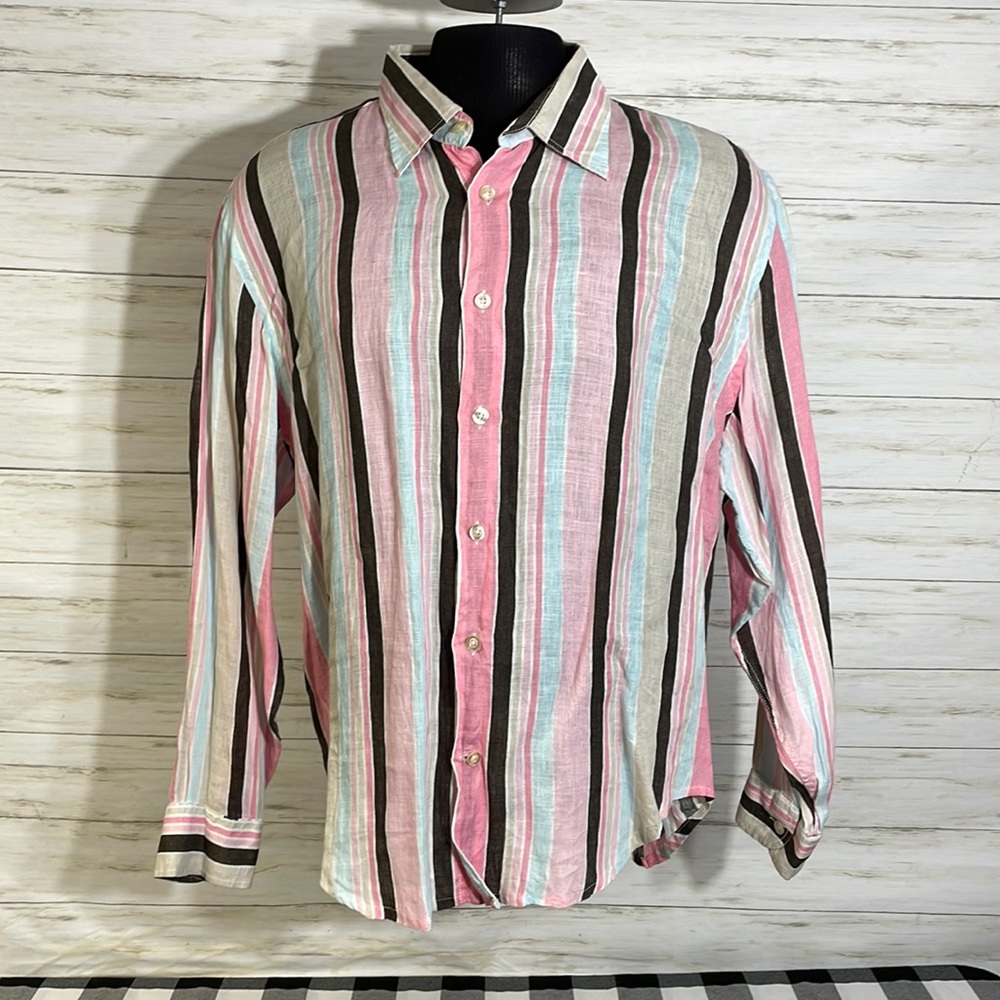 Europann Linen Long Sleeve Shirt Pink Brown Beige Blue France 3XL Fits Like 2XL